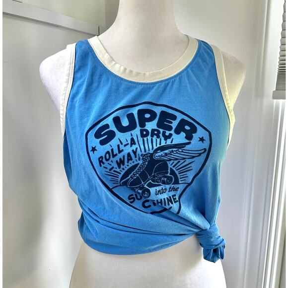 Superdry Retro Y2K Graphic Velvet Rollerskate Blue Tank Top Sz 6 Medium - Picture 1 of 6